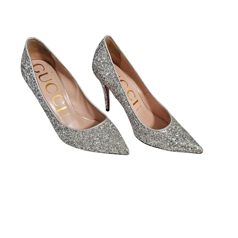 Gucci Virginia Heel Pump Size 37 US 7 Silver Glitter Pink Sole Pointed Toe